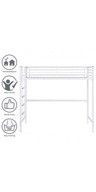 Iron Single-storey Elevated Twin Bed White with Rubber Pad Ladder